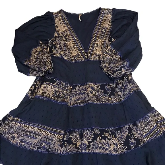 Free People My Love Mini Dress Sz Small S Indigo Blue Pom Pom Paisley Boho Chic - Picture 12 of 15